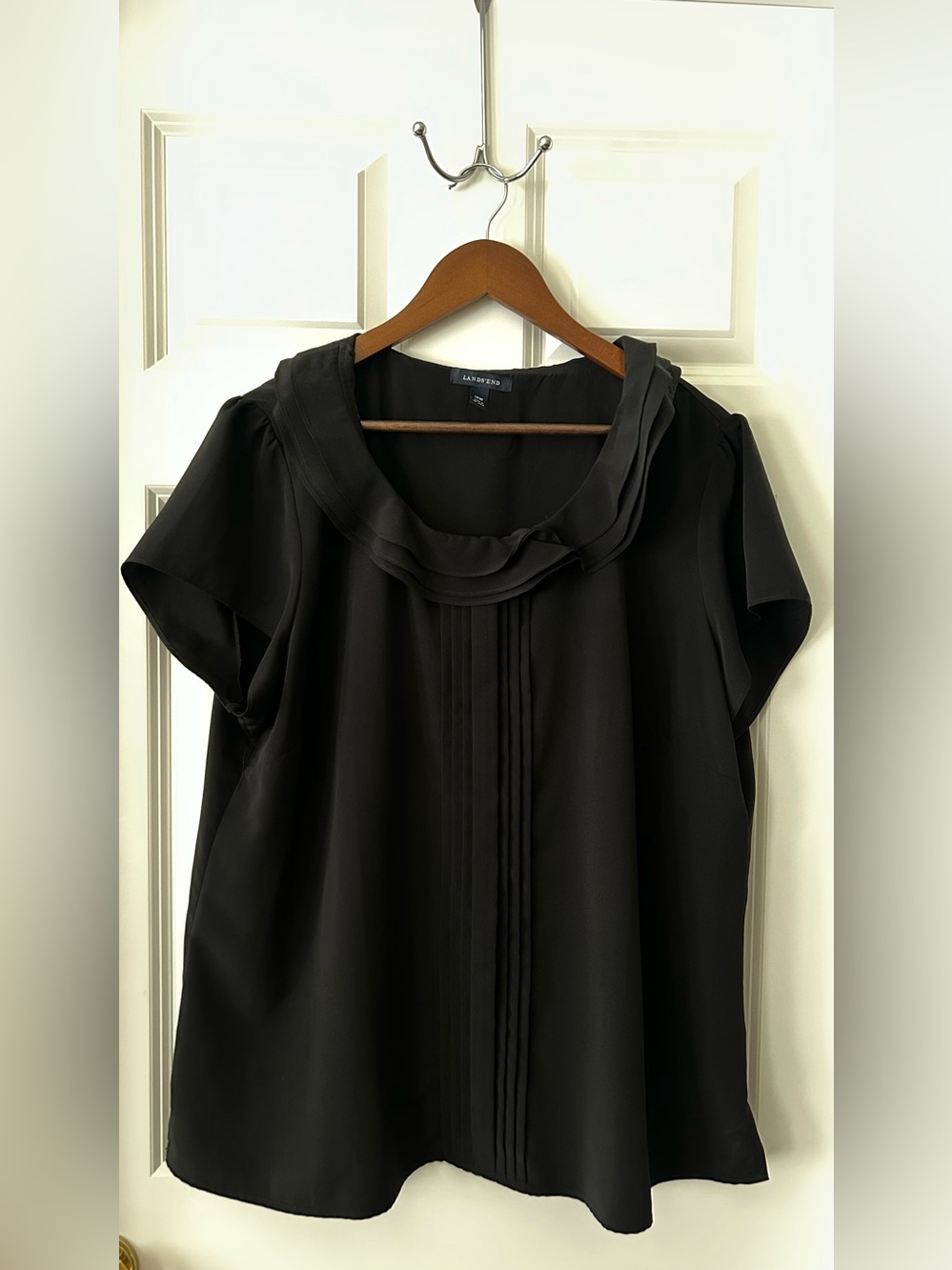 Lands' End Black Short-Sleeve Pintuck Ruffle Neck Blouse